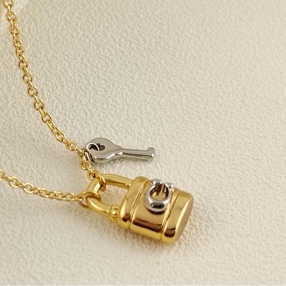 Coach Signature Padlock and Key NecklaceGold Chain and Silver Key - Picture 2 of 6